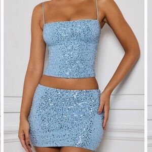 Oh Polly Blue Sequin Crop Top and Mini Skirt Set